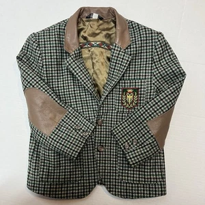 Vintage Boys Kids Sz 5 Green Plaid Tweed Brown Leather Elbow Patch Blazer Jacket - Picture 1 of 11