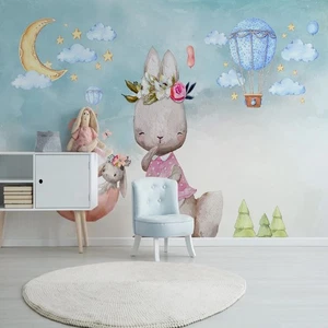 Vlies Fototapete Wandtapete Wandbilder Handgemalte Cartoon Hase Ballon 9950 - Picture 1 of 5