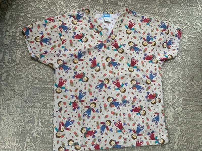 FALL THEMED SCRUB TOP SIZE S    scarecrows / sunflowers / pumpkins - Image 1 of 2