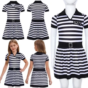 Niñas Falda Disfraz de Vida Vestido de Cárcel Halloween Manga Corta Convicto Rayas - Imagen 1 de 27