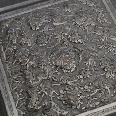 GRAN CAJA DE PLATA ORIGINAL MEDIO ORIENTE 84 PÁJAROS Y FLORES 3D Foto 1 de 4