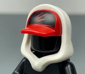 LEGO Minifigure Red Cap Curved Bill White Hood with 3 Streaks Hoodie Hat (x1) - Picture 1 of 8