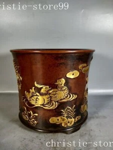 7.6" China purple bronze 24k gold Gilt Duck lotus brush pot pencil vase - Picture 1 of 9