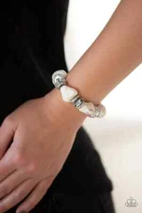 Paparazzi "Stone Age Stunner" White Crackle, Silver, Rhinestone Stretch Bracelet - Picture 1 of 2