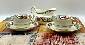 Vintage Porcelain Fenton Fruit Pattern Gilded Tea Set for Two Cup Saucer Creamer - Picture 1 of 12
