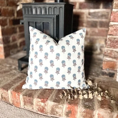 1612. NAHA BLUE/BEIGE Block print - 100% organic cotton Cushion Cover - Image 1 of 4