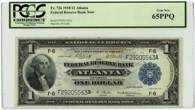 FR.726 $1 1918 Federal Reserve Bank Note Atlanta Gem New 65PPQ PCGS 950750-62 - Image 1 of 3