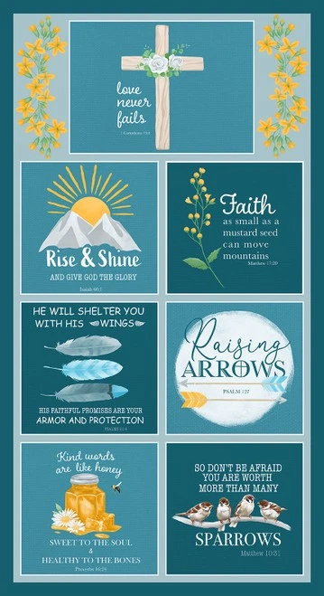 Panel de 24" X 44" Love Never Fails versículos bíblicos tela de algodón azul D761.53 Foto 1 de 1