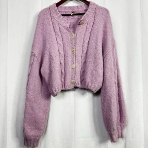 Free People Wool Cardigan Purple Womens XL Willow Cropped Fuzzy Winter Knit - Picture 1 of 9