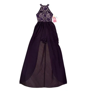 NWT Formal Prom Occasion Purple Lace Leg Shorts Sheer Overlay Maxi Dress M Jr - Picture 1 of 13