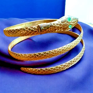 Vintage Mid Century Goldtone Snake Bracelet Wrap Coil Rhinestone Eyes Jewelry - Picture 1 of 14