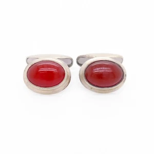 Mid-Century Scandinavian Modern 830 Silver & Carnelian Cabochon Cufflinks - Picture 1 of 8