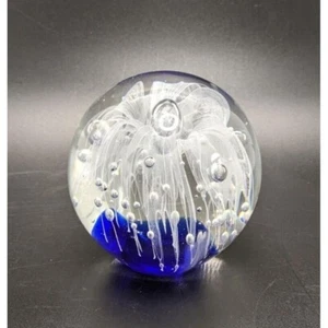 Pier 1 Imports PAPERWEIGHT Art Glass Clear Cobalt Blue Swirl and Bubbles 3.5" - Picture 1 of 4