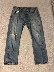 Levis 501 Jeans Mens 34x29 Blue Denim Button Fly Straight Leg Distressed - Picture 1 of 12