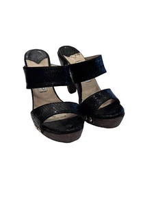 Jimmy Choo Ulrika Black Leather Snakeskin Wood Sandals High Heel Size EU 38 US 8 - Picture 1 of 11