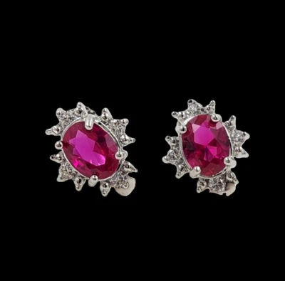 925 Sterling Silver 6x8mm Oval Ruby Halo 1/2'' Earrings Gemstone - Image 1 of 4