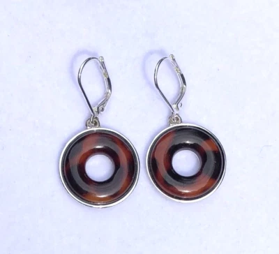 Vtg Avon Dangle Pierced Earrings Faux Tortoise Shell Silver Tone Circle Leverbak - Image 1 of 4