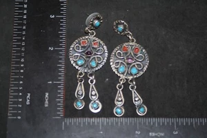 TAXCO 925 STERLING SILVER CORAL TURQUOISE AMETHYST DANGLE EARRINGS MEXICO TM149 - Picture 1 of 6