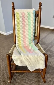Crochet Afghan Handmade Baby Blanket Yellow Pink Blue Green White 45"X48" - Picture 1 of 6