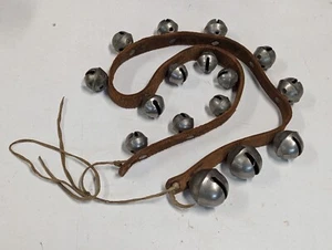 Antique Brass Horse Harness Sleigh Bells Leather Strap 16 Graduated String NAMED - Picture 1 of 12