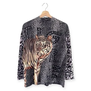 Kenzo Jungle Vintage 80s 90s Tiger Graphic Mock Neck Long Sleeve Cotton Top L - Picture 1 of 13