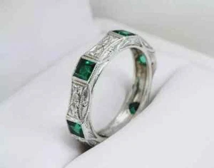 Art Deco Style Lab Created Diamond & Emerald Wedding 14K White Gold Finish Ring - Picture 1 of 7