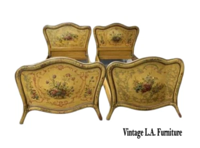 Pair Antique Gold Hand Painted Italian French Twin Bed Frames Headboards Italy - Image 1 of 4