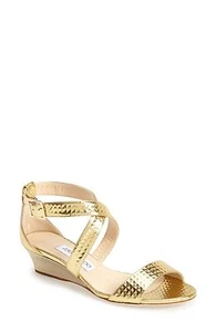 NIB Jimmy Choo CHIARA Gold Cubed Leather Mirrored Wedge Sandal Shoe EUR 36.5 - Picture 1 of 9