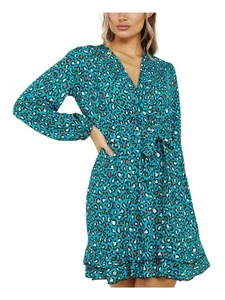 QUIZ Womens Turquoise Tie Pullover Styling Long Sleeve Mini Fit + Flare Dress 6 - Picture 1 of 6