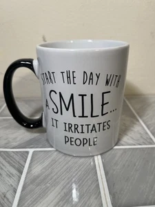 Mug Factory `START THE DAY WITH A SMILE`Tea Coffee Mug Black Handle VGC - Picture 1 of 4