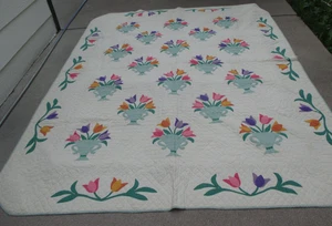 Vintage Quilted Patchwork Appliqued Floral Tulip Basket Quilt Hand Sewn 95"x 74" - Picture 1 of 12