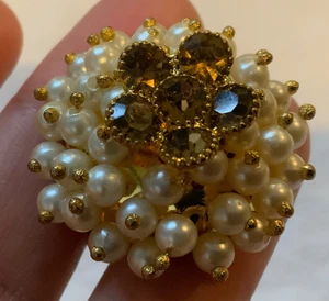 Viktorianischer handgefertigter Ring Kunstperle Gold Strass Blumenbouquet verstellbar Größe - Bild 1 von 8