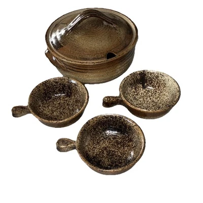 Hand Made Glazed Earthenware Crock Pottery With lid & 3 Handled Serving Dishes - Image 1 of 4