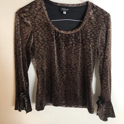 Blusa/top Willi Smith elástico marrón terciopelo rayas tigre flor en la manga talla S Foto 1 de 4
