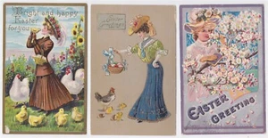 VINTAGE PRETTY LADY EASTER GREETINGS CHICKS AND DOGWOOD BLOSSOMS CIRCA 1910 - Picture 1 of 2