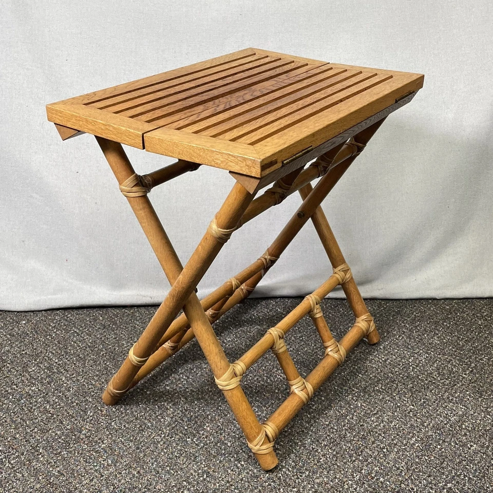 VINTAGE McGuire Rattan Oak Campaign Folding Drink Side Table Pinch Finger Bamboo - Image 1 of 4