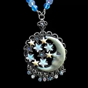 Discontinued Kirk's Folly Crescent Moon Face Seaview Stars Pendant Necklace 18” - Picture 1 of 8