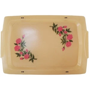 Vintage TV Tray Set Fiberglass Pink Roses Gold Tinsel Butter Yellow 1950 Mod Mcm - Picture 1 of 17