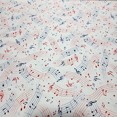 A Nation's Song BTY Quilting Treasures Red Blue Music Score Notes on White - Image 1 of 3