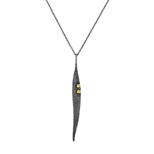 0.02ct Diamond in 925 Silver & 24K Gold Long Leaf Pendant Necklace - Picture 1 of 6