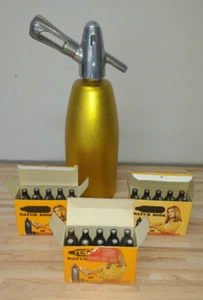 DDR Syphon Soda Heim Sprudler goldfarben + 27 Stück CO2 Kohlensäure Patronen - Bild 1 von 2