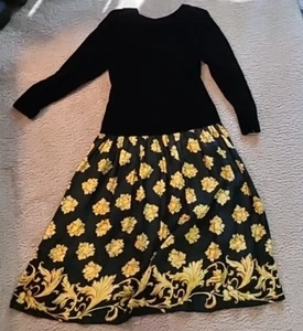 VTG Maggy London Dress Womens 10 Black Velvet Gold Floral Silk Puff Sleeve - Picture 1 of 13