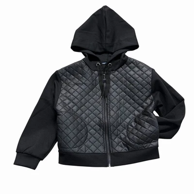 Mayoral Boys Black Quilted Faux Leather Hooded Zip Jacket Sz 4 Pockets - Image 1 of 4