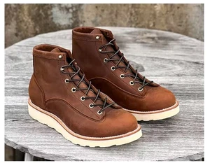 Handmade Cow Leather Plain Lace to Toe Wedge Sole Goodyear Monkey Work Boots - Picture 1 of 19