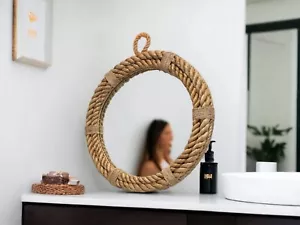 Round Nautical Coastal Wall Mirror, Rope Framed Rustic Farmhouse Bathroom, Beach - Picture 1 of 3