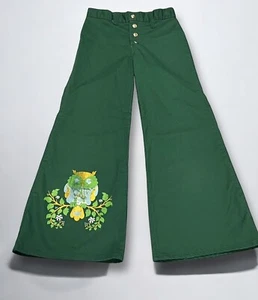 VTG Growing Girl Bell Bottom Pants Snap Button Fly Owl Graphic Green Girls 8-10 - Picture 1 of 12