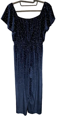 Three Pink Hearts Women’s Size XL Jumpsuit Midi Short Sleeve Navy/Silver Velvet - Image 1 of 4