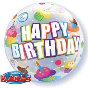 Happy Birthday Luftballon mit bunten Cupcakes 22" Blasen Qualatex rund - Bild 1 von 3
