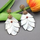 Gray Sea Shell Carved Leaf Mop With Golden Marcasite Res Cz Dangle Stud Earrings