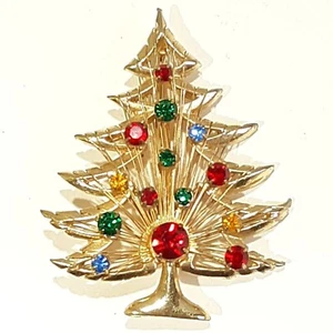Vintage Brooks goldfarbene Weihnachtsbaum Brosche mit bunten Strasssteinen - Bild 1 von 6